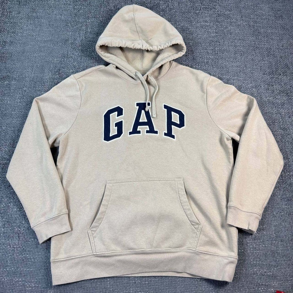 Gap Arch Logo Hoodie Mens Large Tan Pullover Sweatshirt Fleece Lined